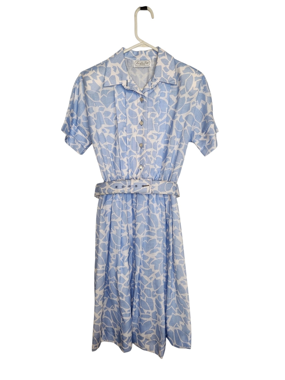 Vintage Leslie Fay Petites Blue Floral Belted Midi Shirt Dress 80s 90s